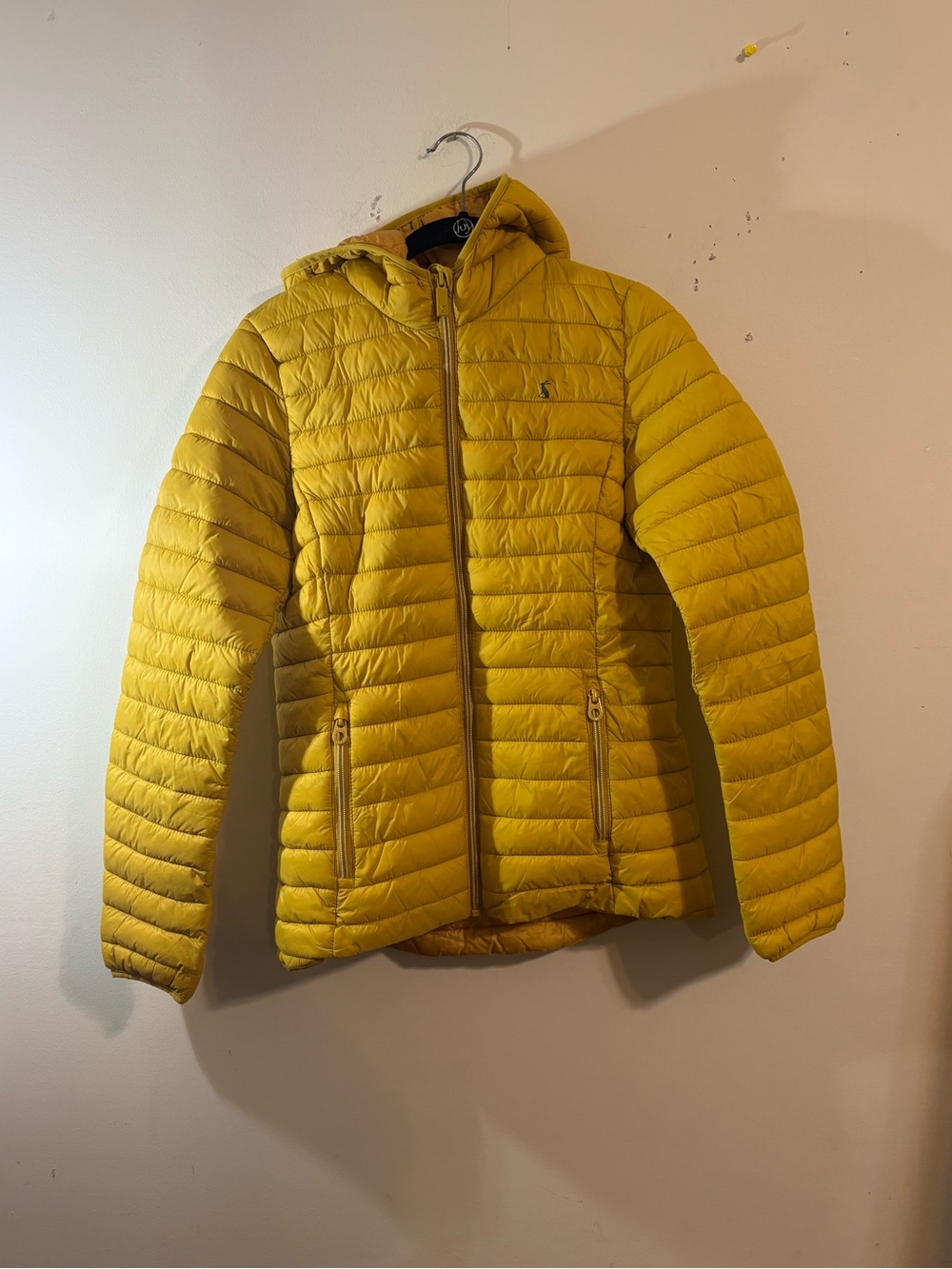 Joules quilted puffer hooded jacket yellow hare logo women’s Small zip pocket
